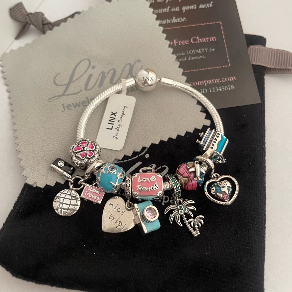 Linx Snake Chain Bracelet With Travel Cruise Themed Charms 925 Sterling Silver 199$